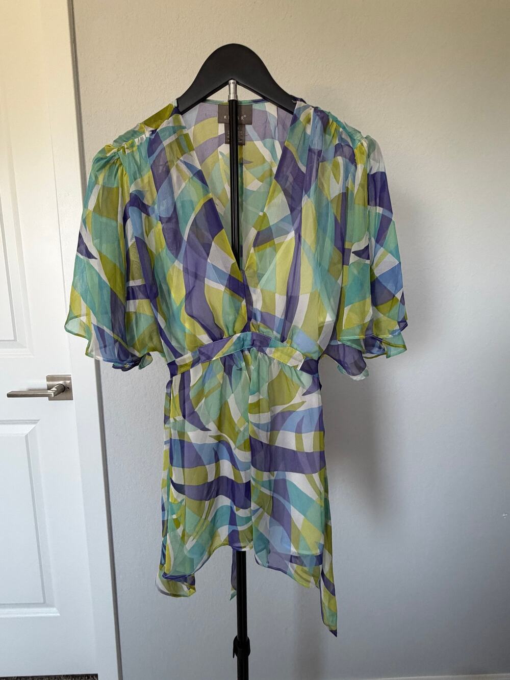 Kenar 100% Silk Abstract Print Tie Waist Tunic Blouse Babydoll Top Flowy